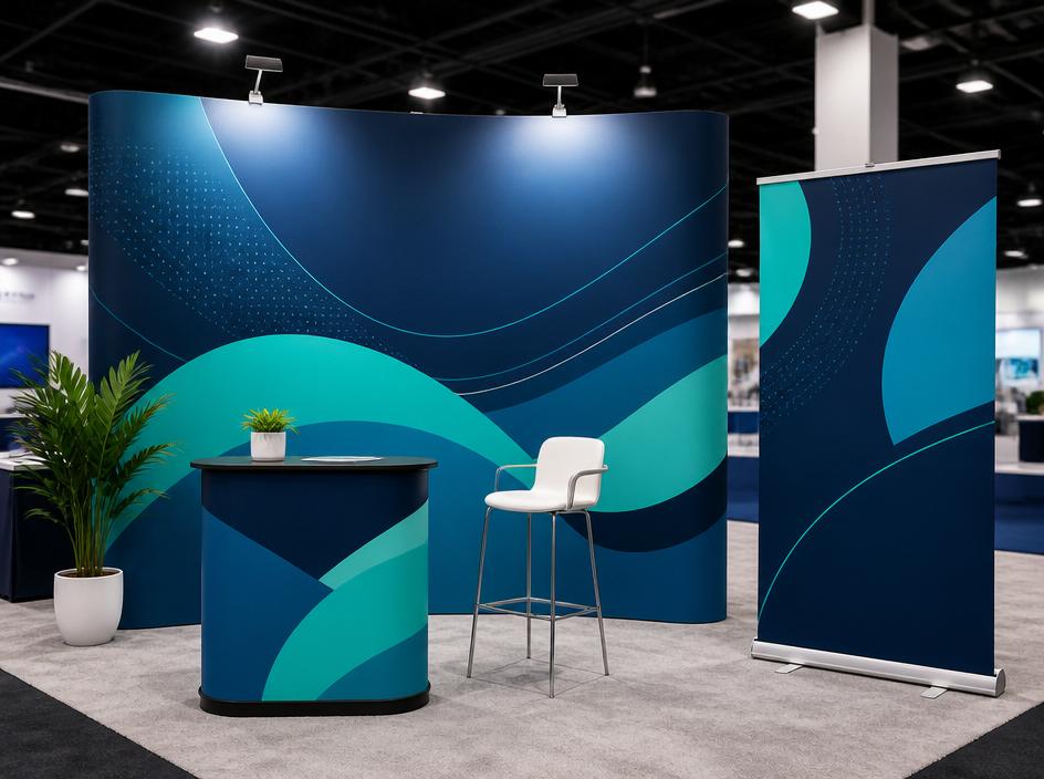 Vibrant exhibition pop-up backdrop and banner stand