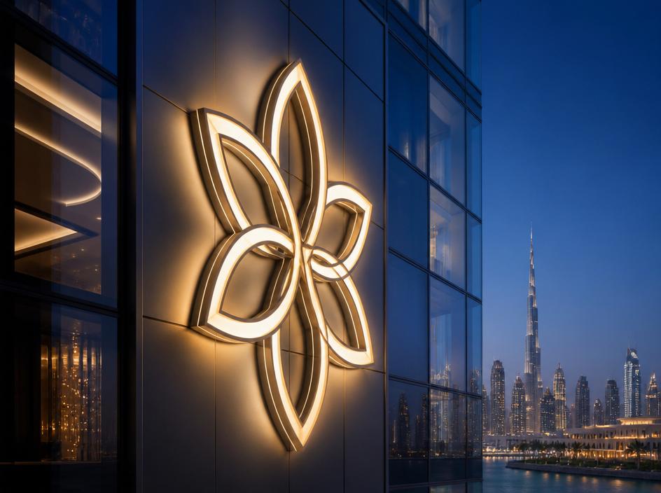 Illuminated outdoor building signage in Dubai