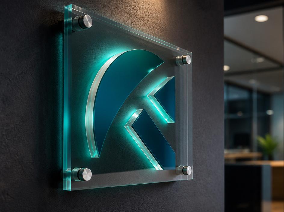 Premium acrylic reception sign with teal backlight